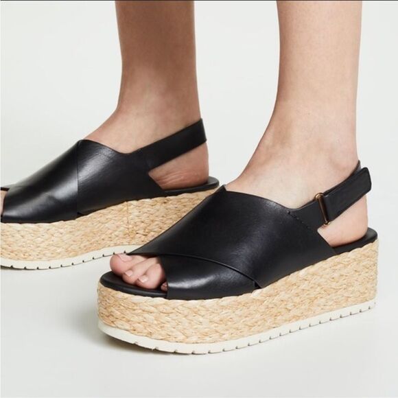 Vince Jessen Black Leather Espadrille Flatform Platform Slingback Sandals 38 8 - Picture 1 of 13